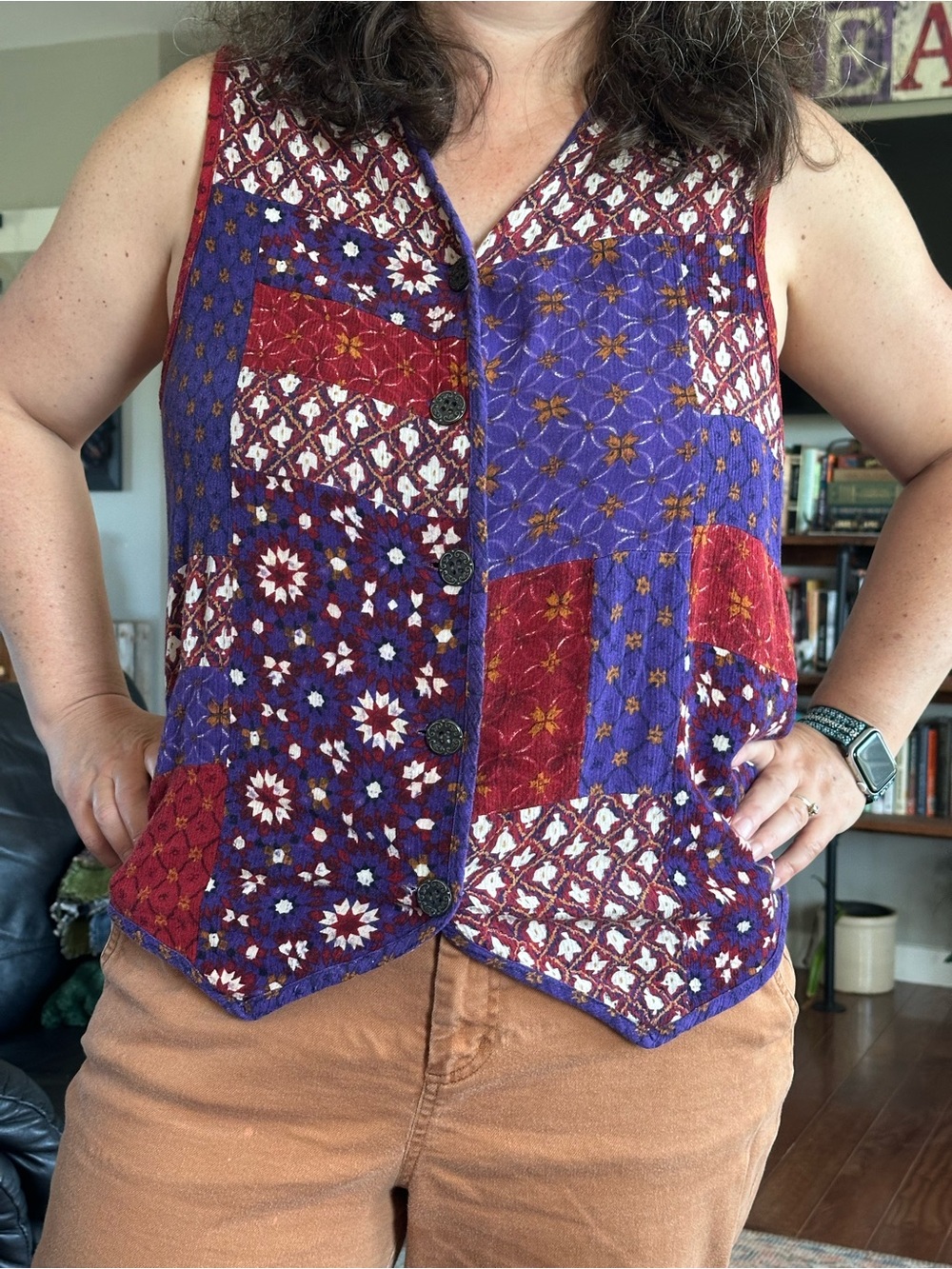 Carole Little Red & Purple Patchwork Button-Front Sleeveless Top/Vest